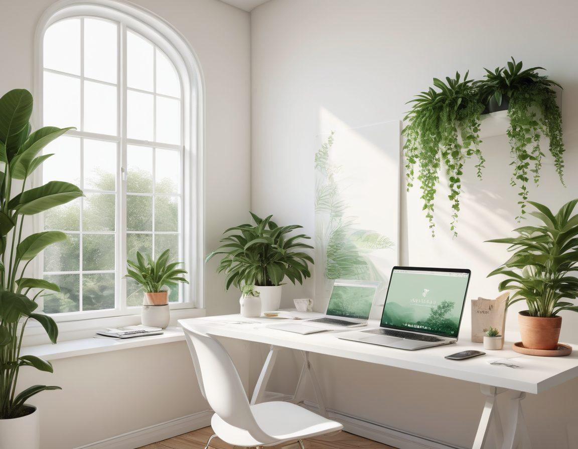 A serene workspace featuring a glowing, minimalistic design studio. Soft natural light spilling through large windows, illuminating elegant branding materials like logo sketches and color palettes arranged aesthetically. Include lush green plants and a sleek laptop displaying vibrant digital designs. Emphasize a sense of tranquility and inspiration. super-realistic. vibrant colors. white background.