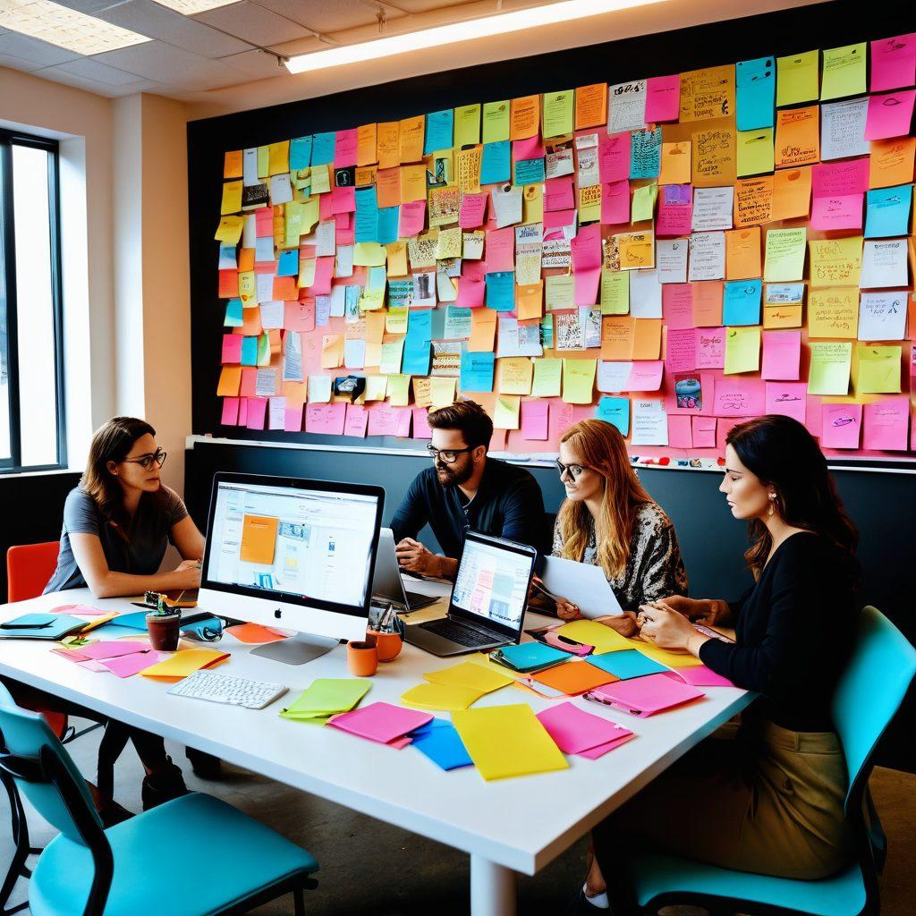 A vibrant, modern workspace featuring a diverse group of creative professionals brainstorming around a sleek table, surrounded by colorful post-it notes, digital devices, and mood boards showcasing innovative branding ideas. The atmosphere exudes energy and collaboration, with bright colors and inspiring visuals on the walls. The overall message conveys a fresh perspective on brand identity. super-realistic. vibrant colors. 3D.