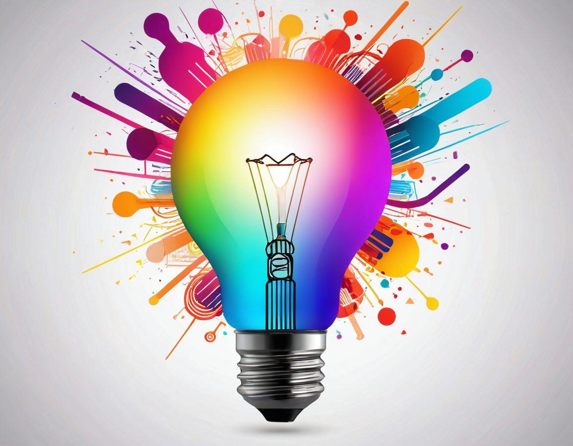 A glowing lightbulb surrounded by colorful design elements, symbolizing innovative ideas and creativity. Include abstract shapes and patterns flowing from the bulb in a radiant spectrum of colors. The background is a soft gradient, enhancing the luminous effect. Focus on a modern, minimalist aesthetic that captures the essence of branding. super-realistic. vibrant colors. white background.